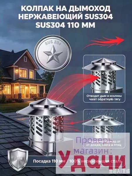Колпак на дымоход нержавеющий SUS304, 110 мм-зонт на трубу, дефлектор для защиты вентиляции и крыши от осадков