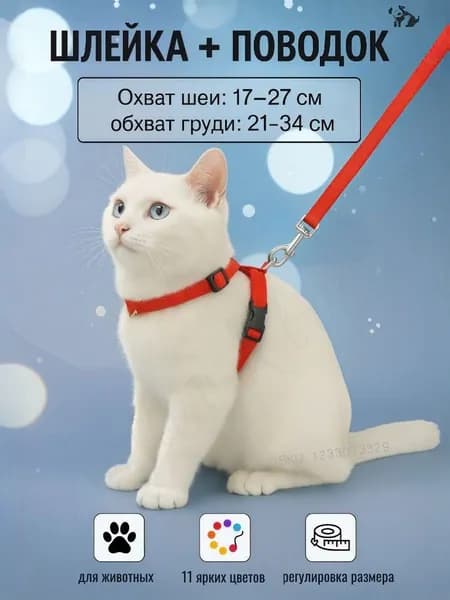 Шлейка с поводком для кошек,котов, котят,собак мелких пород, щенков и кролика,прогулочная регулируемая цвет красный