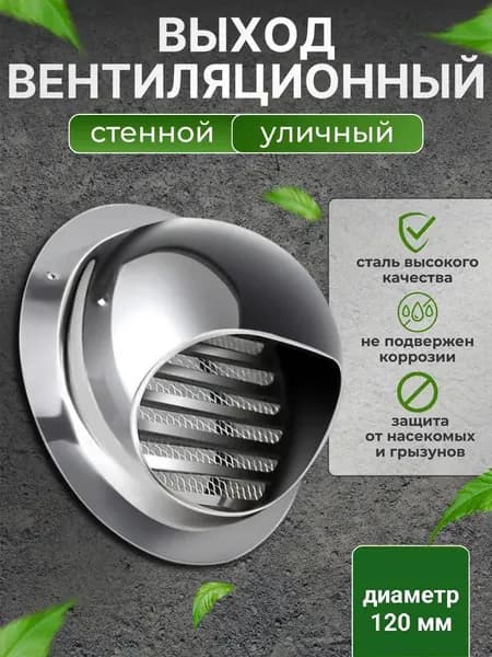 Вентиляционная арматура,Стенной выход с решеткой и сеткой, 120 мм, из нержавеющей стали 304