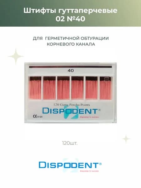 Штифты эндоканальные гуттаперчевые Dispodent 02 №40, 120шт