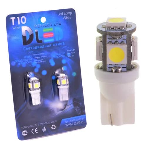 Светодиодная автомобильная лампа T10 - W5W - 5 SMD 5050 12V (зеленая) (Комплект 2 лампы.) В передние и задние габариты, подсветка номера, подсветка салона.
