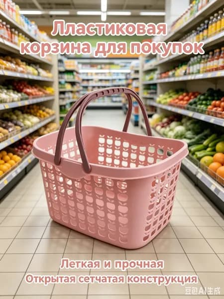 Универсальная пластиковая корзина для покупок и хранения вещей яблочный рисунок розовый цвет