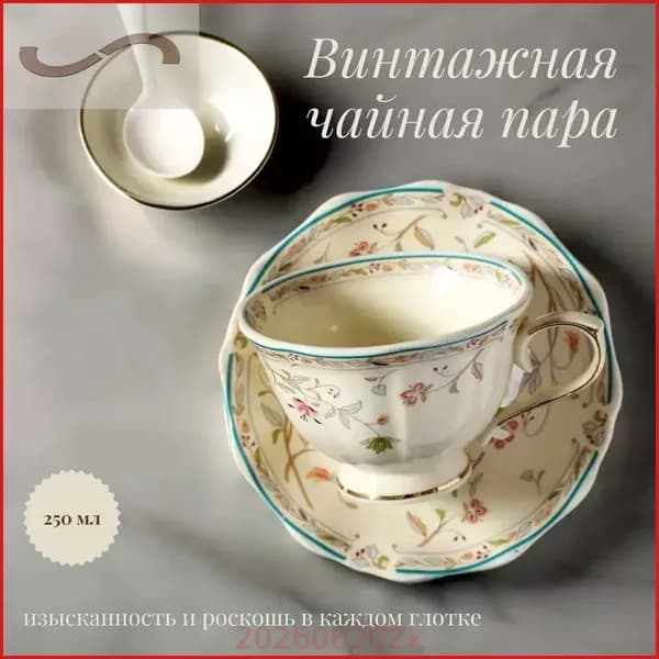 Винтажная чайная пара с золотистым цветочным орнаментом 250мл