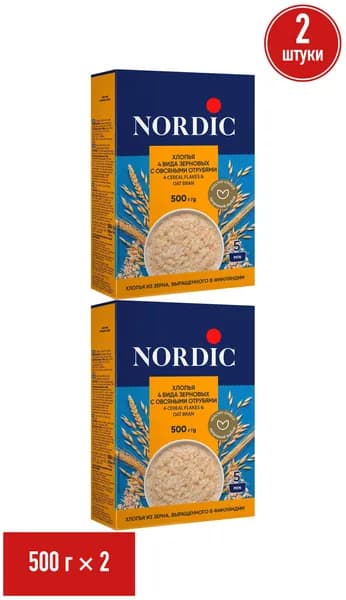 Хлопья Nordic 4 вида зерновых с овсяными отрубями 500 г, набор: 2 штуки