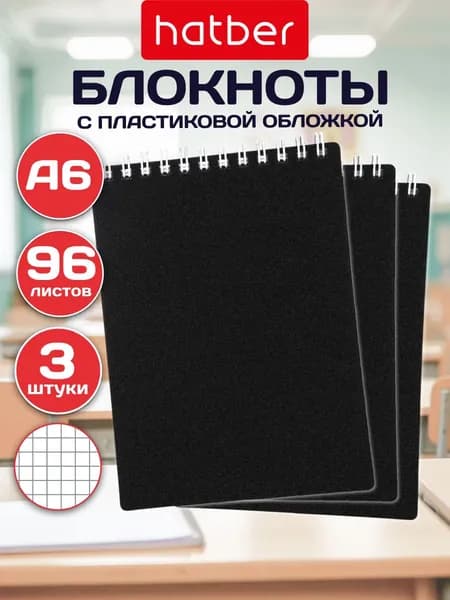 Блокнот на гребне в клетку A6 96 л Hatber Sand, черный