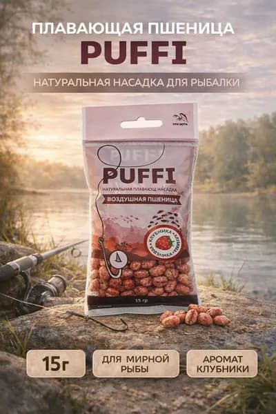 Воздушная пшеница PUFFI (ПАФФИ), Клубника, 15 г - плавающая насадка для рыбалки, для карпа и карася, донная ловля