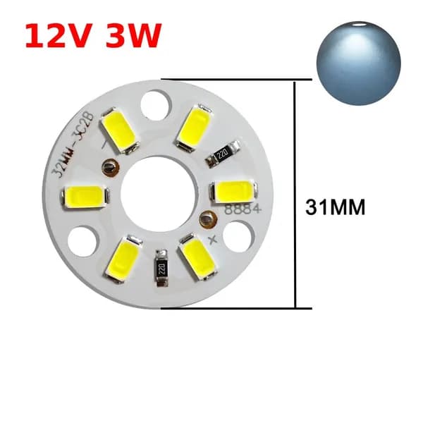 Алюминиевая круглая светодиодная плата (модуль) D31 / 32мм 12V 3W 6led smd 5730, белый холодный свет 6500K