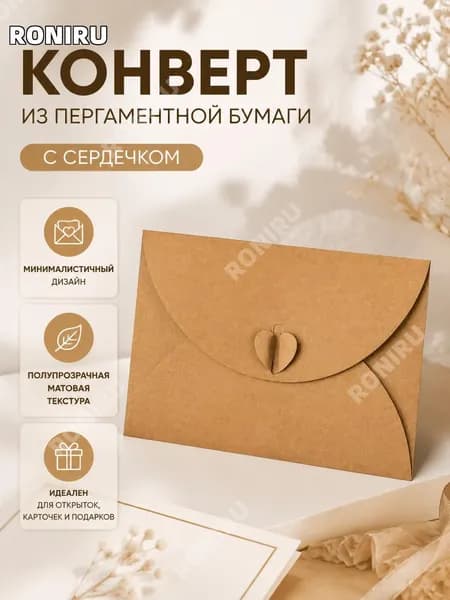 Конверт из пергаментной бумаги матовый полупрозрачный, большой, с сердцем