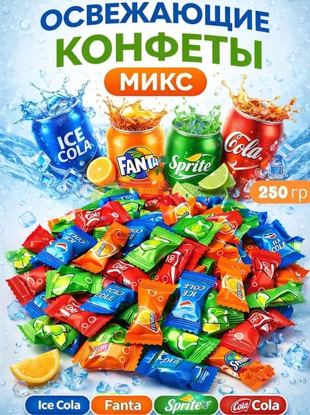 Китайские конфеты леденцы микс со вкусом pepsi, sprite, fanta, cola 250гр