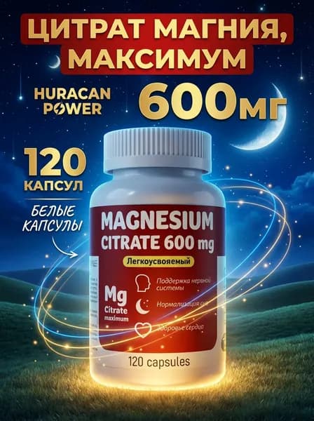 Магния цитрат 600 мг, 120 капсул, HURACAN POWER, нормализация сна, здоровое сердце, от стресса и тревог