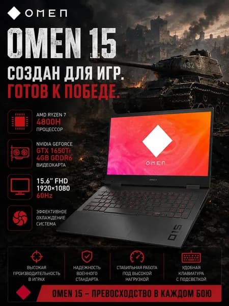 HP Игровой ноутбук 15.6", AMD Ryzen 7 4800H, RAM 16 ГБ, SSD 1024 ГБ, NVIDIA GeForce GTX 1650 Ti (4 Гб), Windows Pro, серый металлик, Английская раскладка