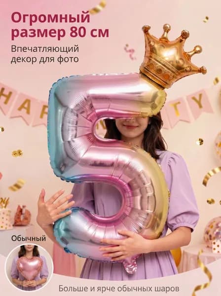 Фольгированный шар-цифра с короной, градиентный цвет, 32 дюйма, для дня рождения