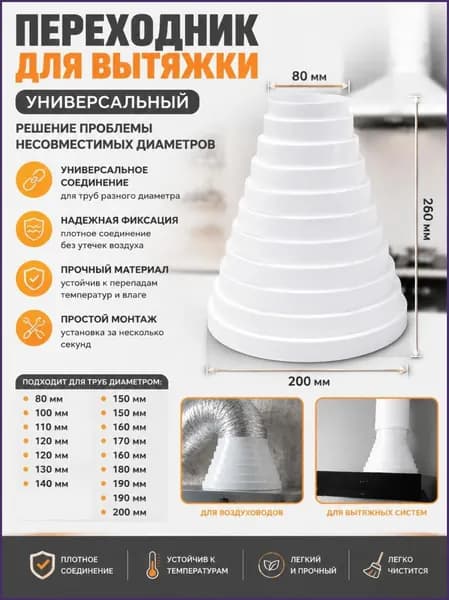 Переходное кольцо для вытяжки (редуктор), усиленное, для вытяжной трубы, нержавеющая сталь, диаметр 80-200 мм, 1 шт