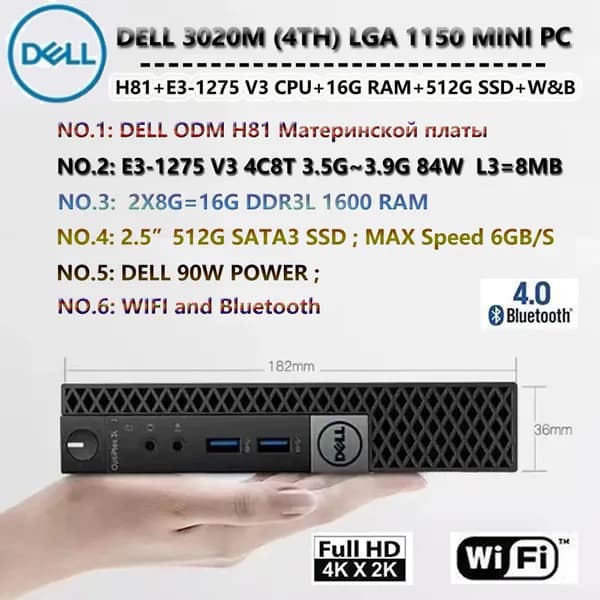 Dell Мини-ПК (Intel Xeon E3-1275v3, RAM 16 ГБ, SSD 512 ГБ, Intel HD Graphics 4600, Windows 10 Pro), черный матовый