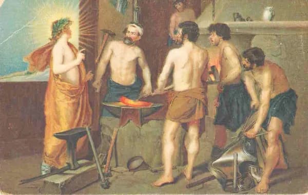 Антикварная открытка "Художник: Диего Веласкес - Аполлон в кузнице Вулкана (The Forge of Vulcan) ". Германия, 1920-1930 (Залом)