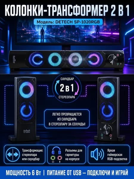 Колонки для компьютера трансформер DeTech SP-1020RGB, саундбар для ПК 2 в 1 проводной с RGB подсветкой и USB