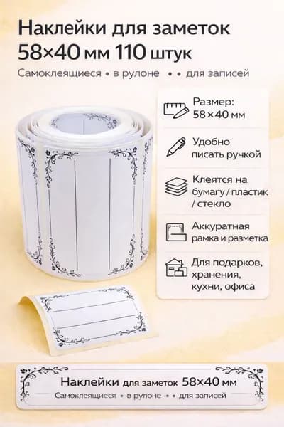 Наклейки для записей самоклеящиеся 58х40 мм, 110 шт в рулоне, этикетки для банок, коробок, контейнеров, кухни и хранения