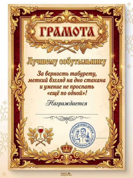 Грамота прикол лучшему собутыльнику
