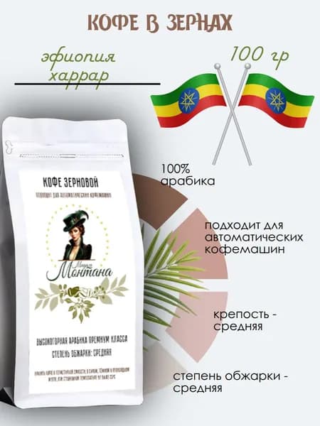 Мадам Монтана кофе "ЭФИOПИЯ (ХАРРАР)" в зёрнах (100 гр) - арабика
