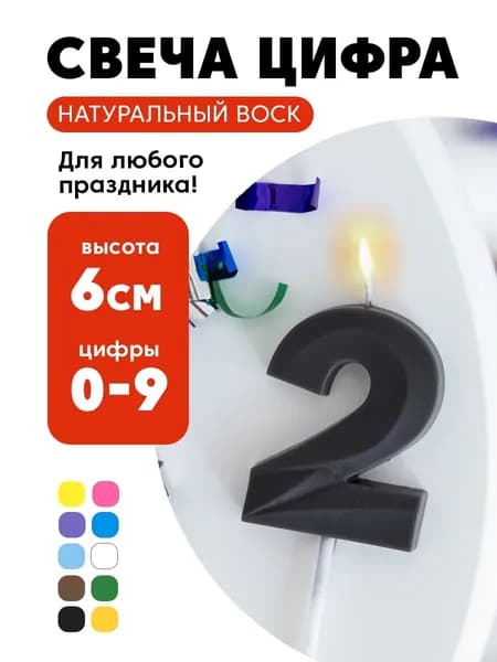 Свеча цифра 2 годика на торт на палке серая