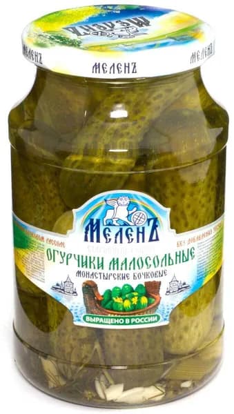 Огурчики малосольные Меленъ Монастырские бочковые, 900 гр.
