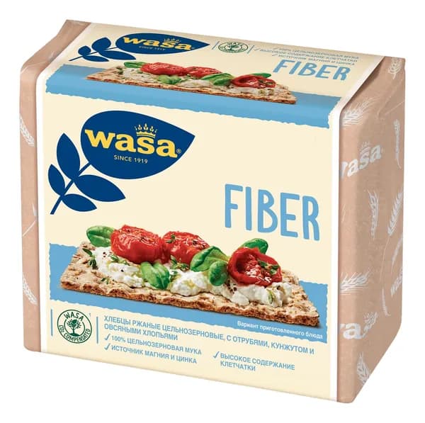 Хлебцы Wasa Fiber ржаные цельнозерновые с отрубями, кунжутом и овсяными хлопьями, 230г