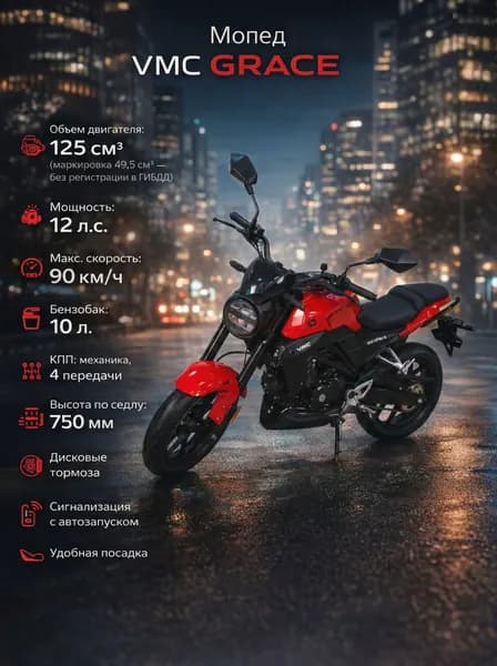 Мопед VMC GRACE RED 125 (49) см3, 12 л.с., механика 4 передачи, электростартер и кикстартер, для города, для села, для деревни, для взрослых бензиновый