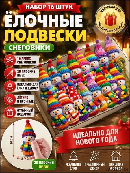Ёлочные игрушки снеговики 16 шт 2D радужные подвески для ёлки