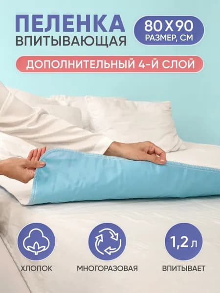 Многоразовая впитывающая пеленка BESIDE волны 80x90 см, хлопок полиэстер, ПВХ, бело-голубая клеенка подкладная водонепроницаемая непромокаемая для детей, новорожденных, взрослых и животных бисайд