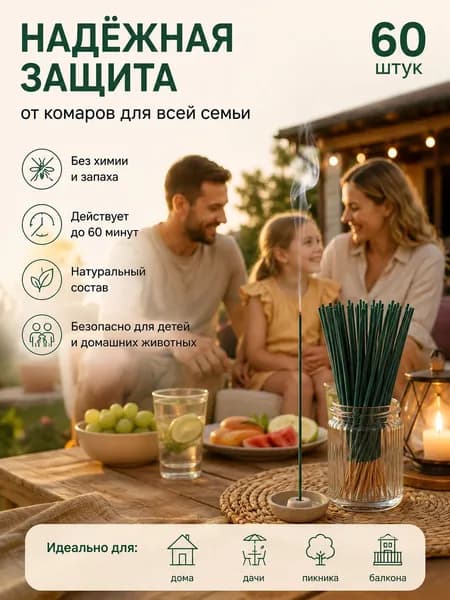 Ароматические палочки от комаров и мошек 60 шт средство отпугивания насекомых для дома, сада, террасы и пикника, длительная защита от комаров, мух и мелких мошек, лёгкое использование