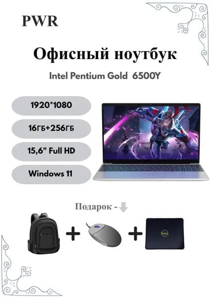 PWR PWR Y650 15.6" 16GB 256GB Ноутбук 15.6", Intel Pentium Gold 6500Y, RAM 16 ГБ, SSD 256 ГБ, Intel HD Graphics 615, Windows Pro, серый, Русская раскладка
