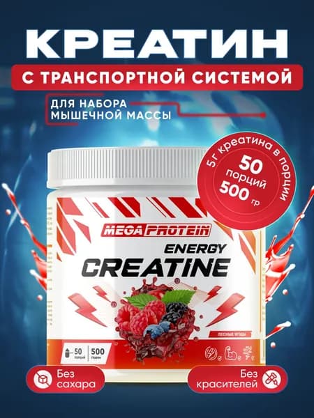 Креатин моногидрат с транспортной системой Megaprotein Creatine Monohydrate для набора мышечной массы, Лесные ягоды, 500г/50 порций
