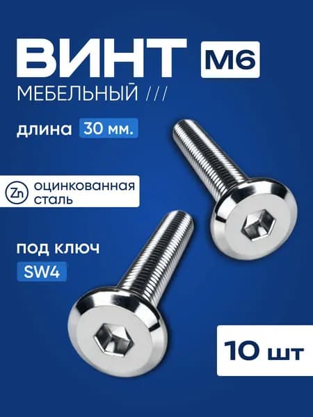 Винт мебельный м6х30 с плоской головкой 10 штук DIN 7420