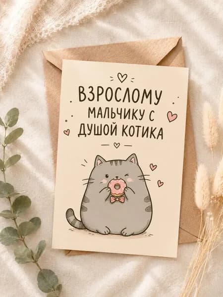 Открытка "Взрослому мальчику с душой котика", с милым котом, прикольная открытка 10х15 см с крафт-конвертом