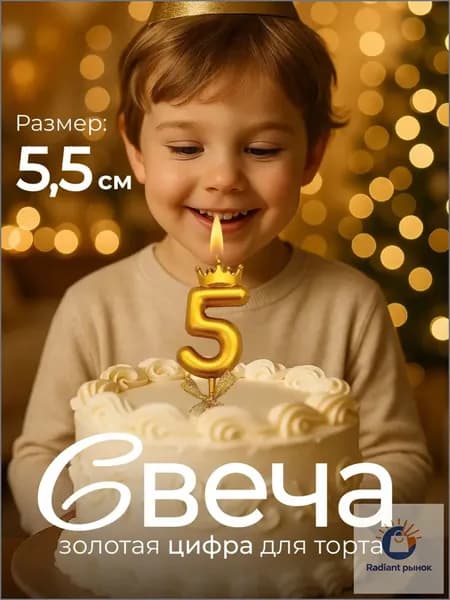 Свечи для торта цифра 5 "без аромата", 12.5 см х 3 см, 1 шт