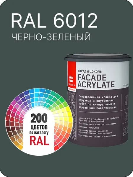 Tikkurila Facade Acrylate краска для фасадов и интерьеров цвет черно - зеленый Ral 6012 0.9 л.