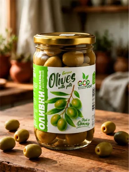 Оливки зеленые с косточкой 350 г, ECOFOOD ( Армения )