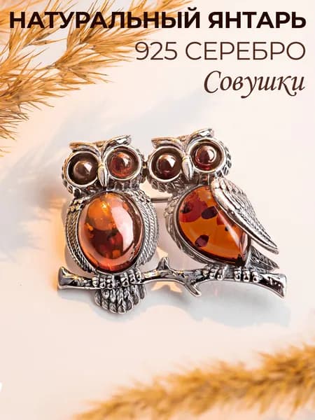 Ювелирная брошь с янтарем Сова из серебра 925 пробы