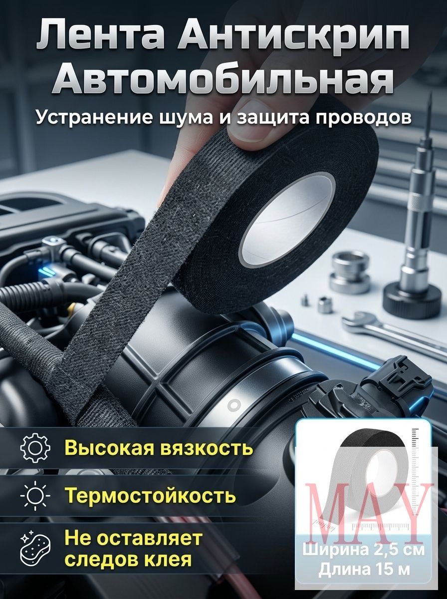 Антискрип автомобильный, 15 м, толщина: 2 мм, 1 шт.