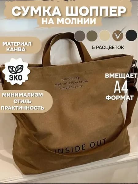 Сумка шоппер женская на молнии коричневая