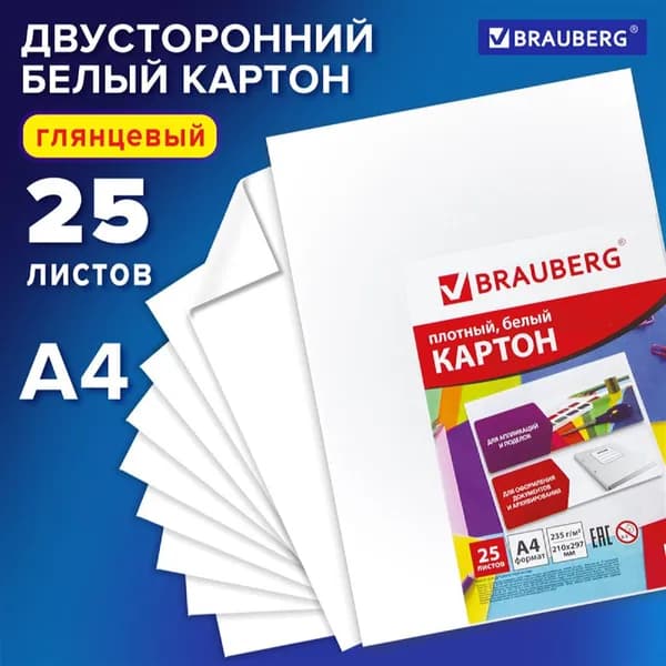 Картон белый А4 МЕЛОВАННЫЙ (белый оборот), 25 листов, BRAUBERG, 210х297 мм канцелярские принадлежности для школы и детского сада
