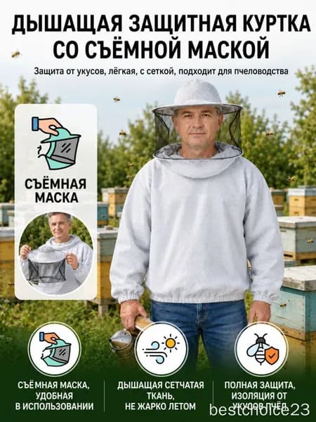 Дышащий хлопковый защитный костюм пчеловода со съёмной сеткой для лица, универсальный размер, надёжная защита от укусов пчёл отличный подарок для пасечника.