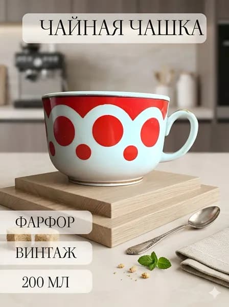 Чашка чайная винтажная фарфоровая, позолота, в горошек, Дружковский, ссср