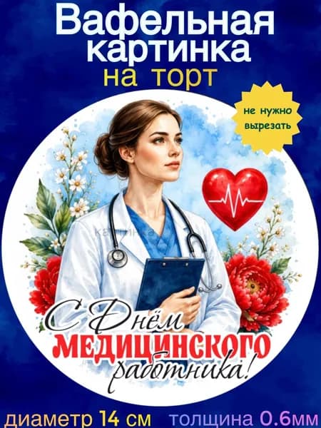Вафельная картинка "С Днём Медицинского Работника". Сладкая картинка, съедобная печать для декора торта, бенто-торта, украшения пряников и капкейков.