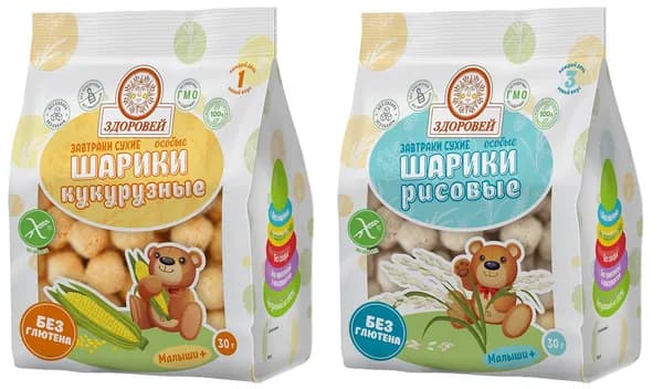 Здоровей Шарики Кукурузные + Рисовые, богаты витаминами, клетчаткой и полезными злаками, без сахара, без глютена, 30 г. (2 уп.)