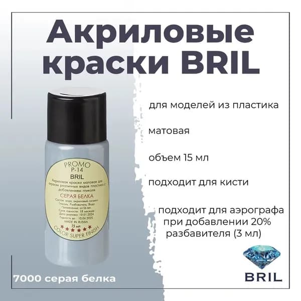 Акриловая краска для моделирования BRIL, для окраски различных видов пластика, под кисть, для аэрографа-разбавлять, баночка 15 мл