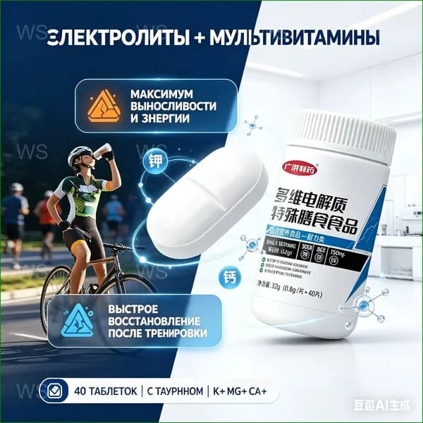 Премиумкомплекс изотонических таблеток с калием, таурином и магнием применяется для восполнения энергии при фитнесе, беге и велоспорте, 40 штук