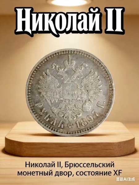 Серебряная монета 1 рубль 1897 г. Николай II (Брюссель), подлинник, высокая сохранность XF, редкий экземпляр в коллекцию или подарок