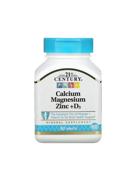 Кальций Магний Цинк и Витамин D3, 21st Century, Calcium Magnesium Zinc + D3 90 таблеток, Комплекс минералов для иммунитета, кожи, сердца, костей, суставов / Для взрослых мужчин и женщин