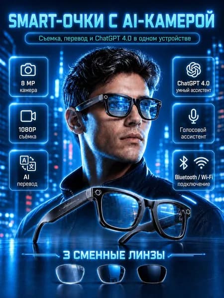 Умные очки с камерой с AI-переводом в реальном времени, Очки с камерой, Музыка